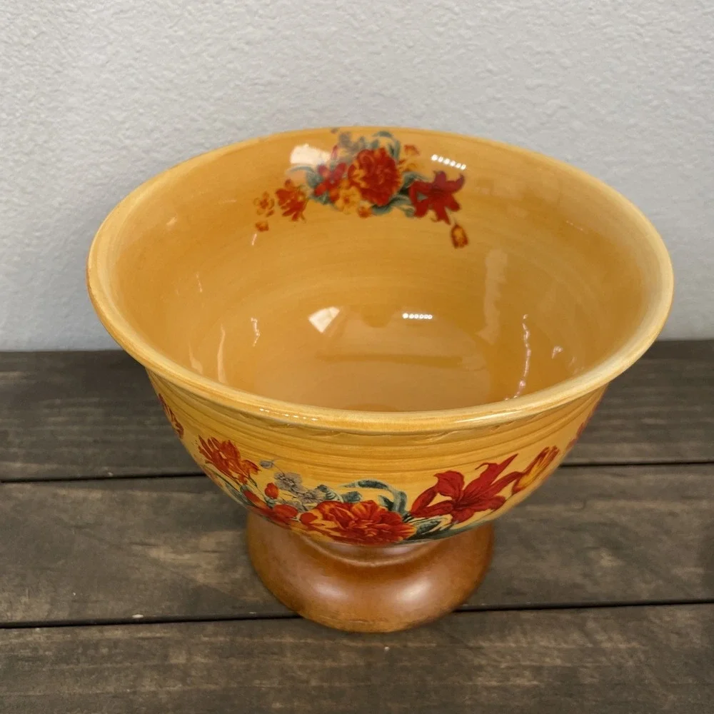 FTD Ceramic Centerpiece Bowl Wood Footed Floral Vase Fall Thanksgiving Decor